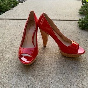 Designer platform heels, red and cork